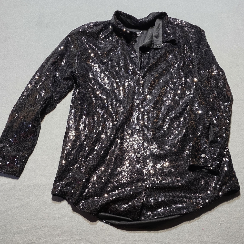 Hancy Elegant Black Sequin Button Down Shirt S/M/L New In Poly Bag - Picture 2 of 8